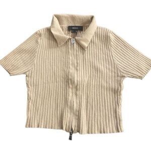 Forever 21 Y2K collared front zip ribbed cropped medium blouse tan